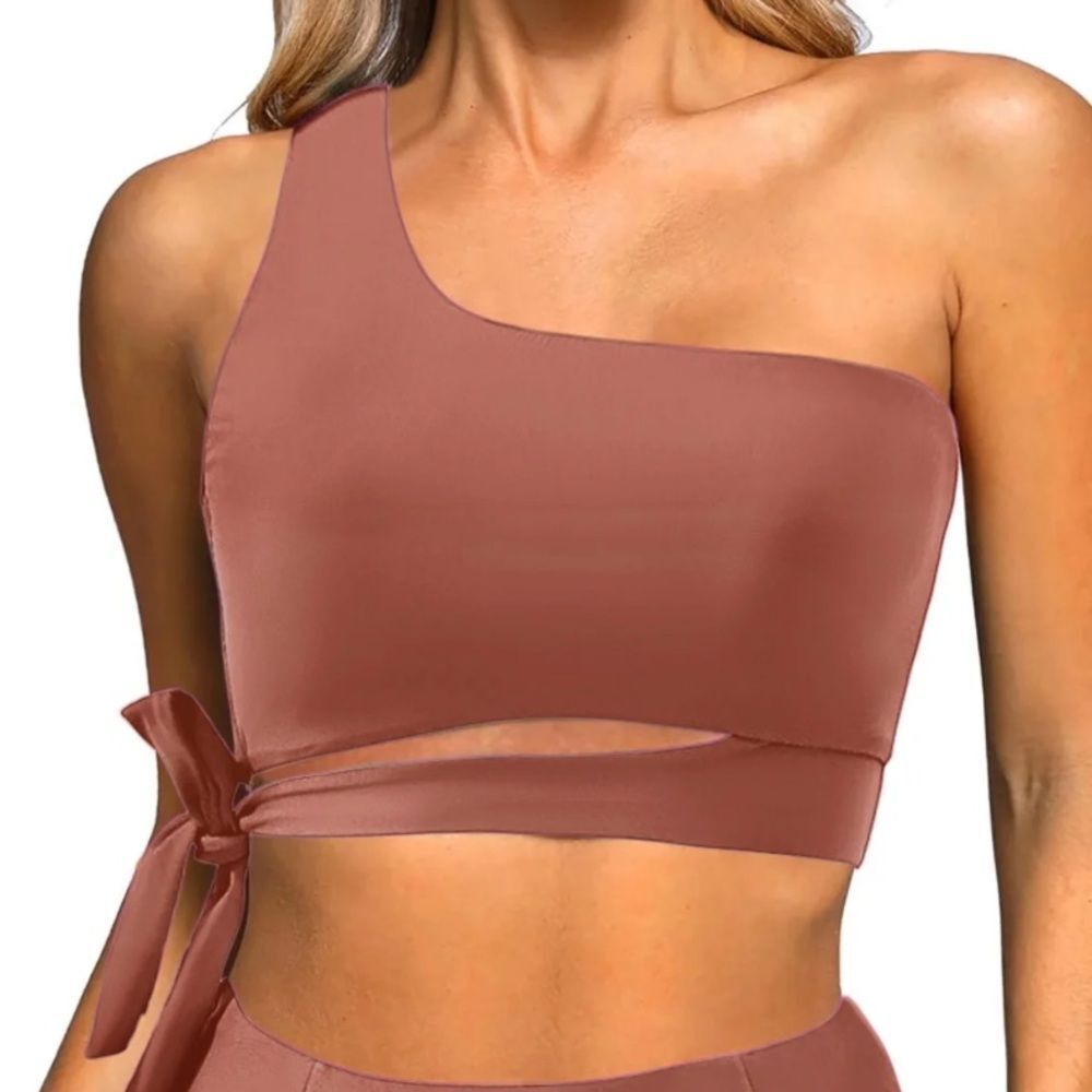 Moshu Brown One Shoulder Bikini Swim‎ Top, Size S, NWT